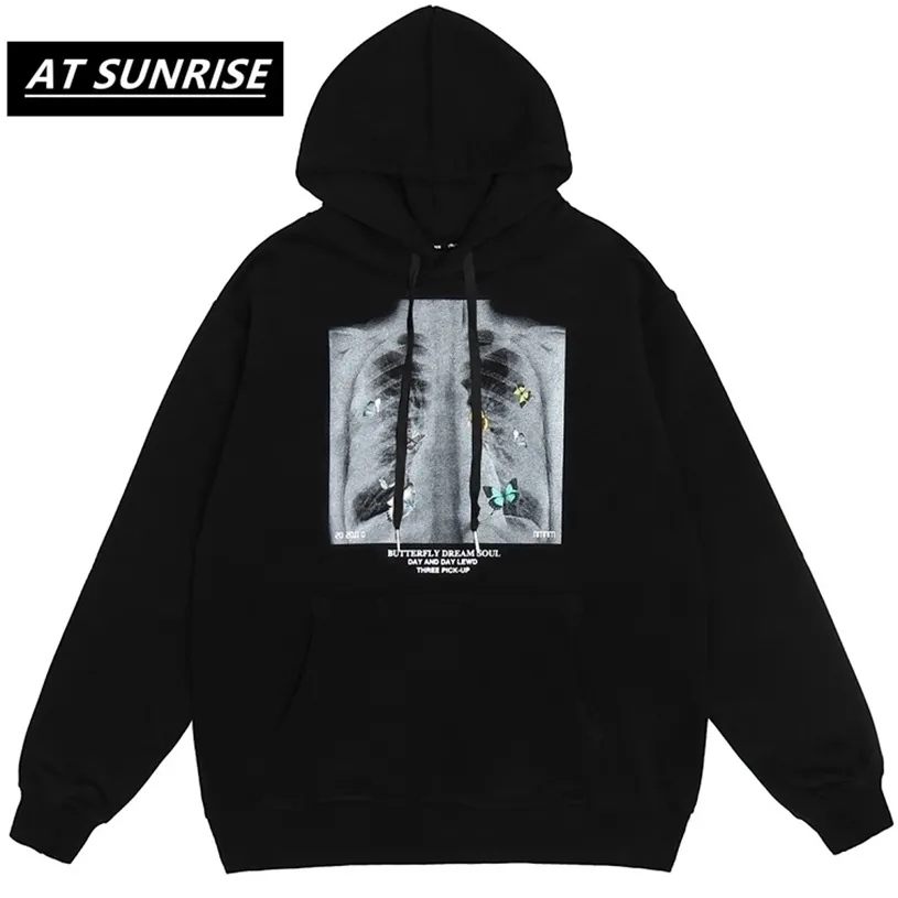 Hiphop Oversize Hoodie Sweatshirt Mannen Streetwear Harajuku X-ray Butterfly Hooded Losse Hipster Fleece Plus Maat 211229