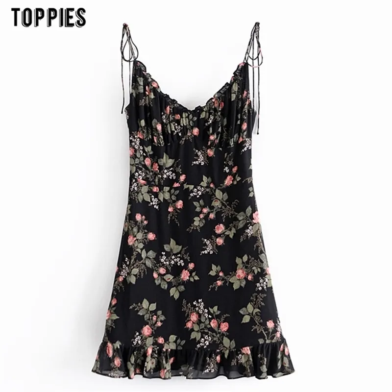 Vestidos de verano Mujer de impresión floral Mini vestido Sexy Camisoles sin mangas Ruffles Hem Vestido Mujer 210421