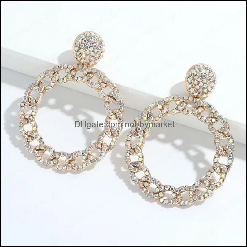 Colorful Big Geometric Round Hollow Rhinestone Dangle Earrings for Women Fashion Crystal Jewelry Wedding Party Gift