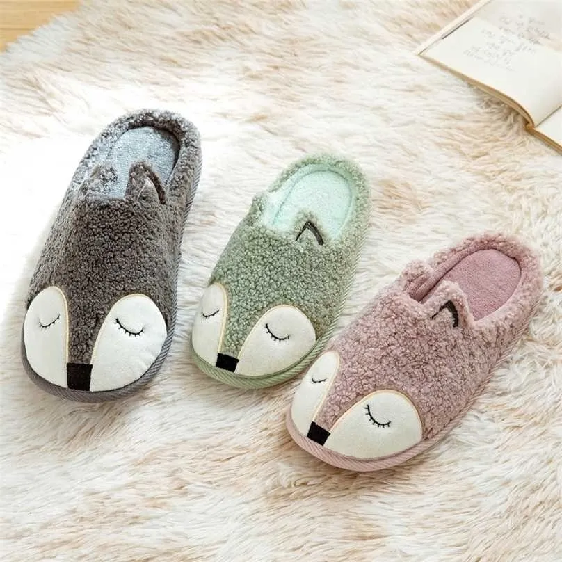 Winter House Women Fur Slippers Soft Memory Foam Sole Cute Cartoon Bear Bedroom Ladies Fluffy Couples Plush Shoes 211110