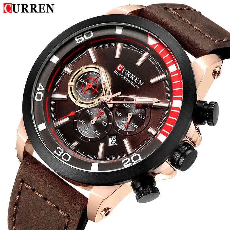 Curren Top Marca de Luxo Masculino Moda Casual Esporte Relógio Homens De Couro Impermeável Quartzo Pulso Relógio Masculino Cronógrafo Analog Clock 210517