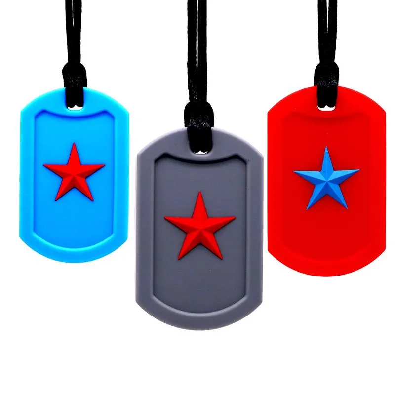 2021 Silicone Dog Tag Pendant with Star Kids Teether Teething Toys Oral Sensory Autism Chew Toy Silicone Necklace