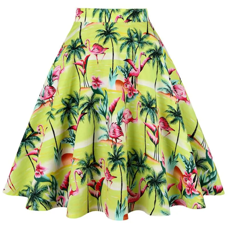 Spódnice 2021 Lato Flamingo Floral Print Kobiety Spódnica Ladies Yellow 50s 60s Huśtawka Retro Vintage Bawełna Plus Rozmiar