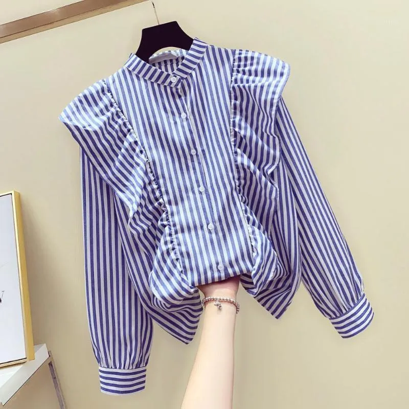 Kadın Bluzlar Gömlek Kore Tarzı 2021 Sonbahar Moda Bayan Ruffles Mavi Şerit Gömlek Kadın Uzun Kollu A2747 Tops