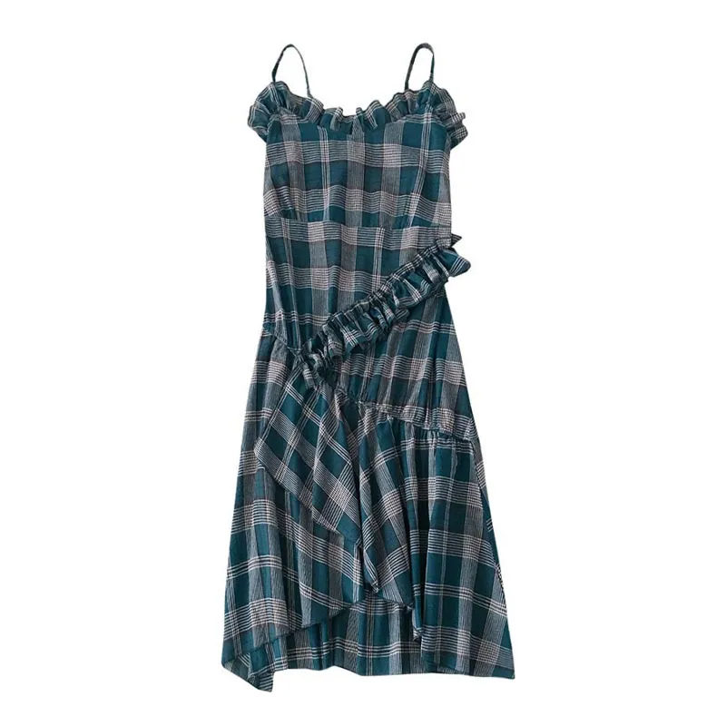 Grön Rosa Plaid Slash Neck Asymmetrisk Ruffle Midi Dress Sommarlov Beach Empire Strap Ärmlös D0990 210514