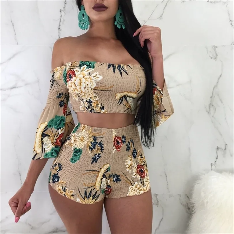 Estampa floral Casual Duas Peças Conjunto Camisola Ombro Fora Shorts Verão Curto Agasalho Feminino Sexy Bodycon Romper S-XXL 220304