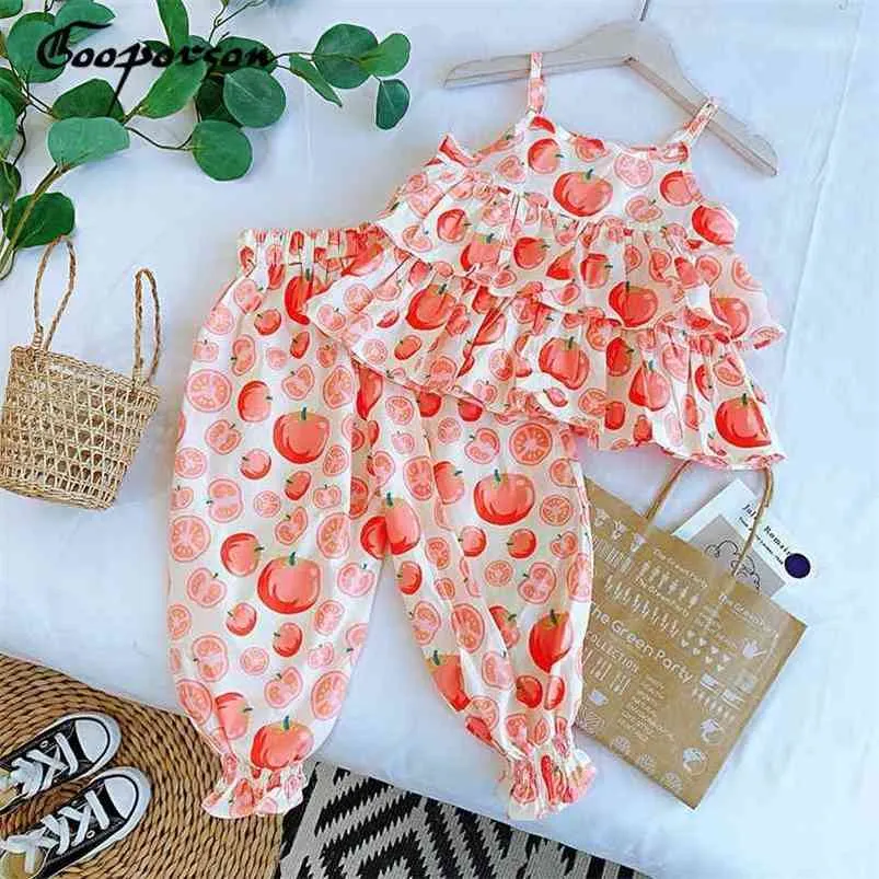 Gooporson verão crianças roupas tomates impressos moda coreana meninas meninas conjunto sol-toppant crianças roupas de praia 210715