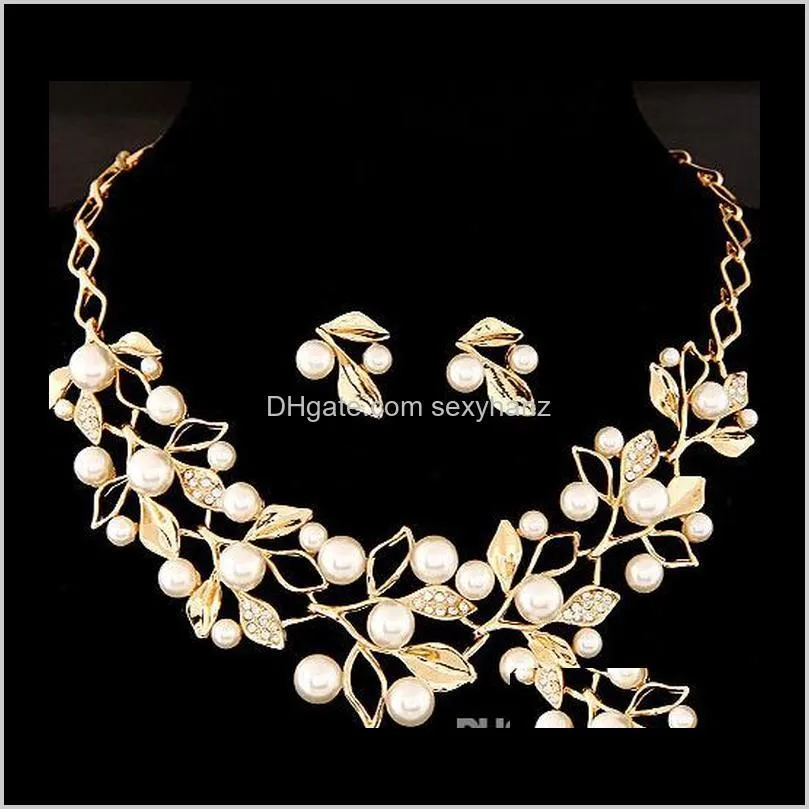 silver gold color crystal bridal jewelry sets leaf shape choker necklace earrings wedding jewelry for women engagement pearl