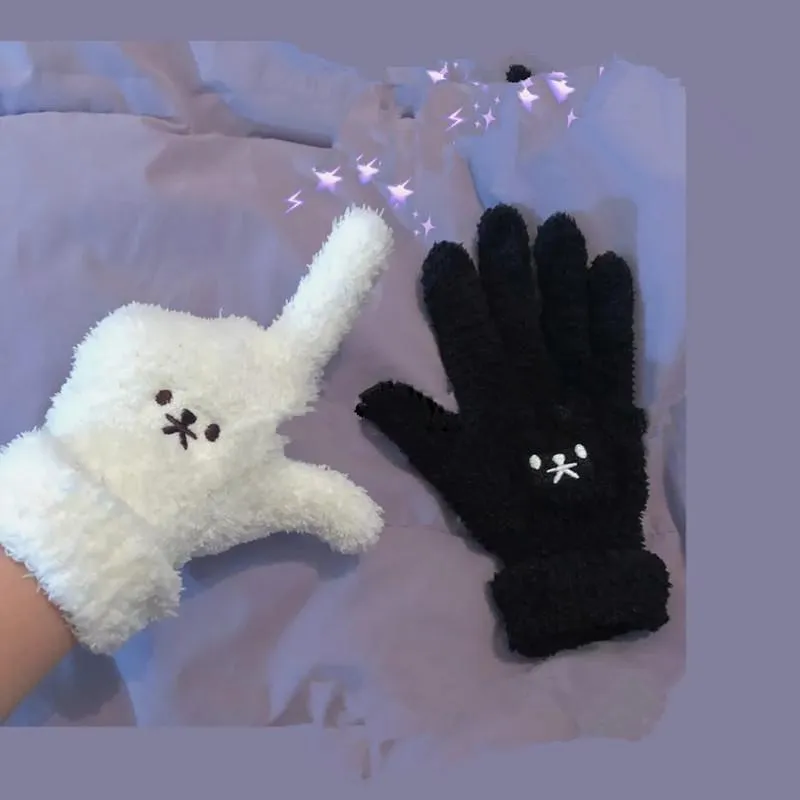 Japanese Girl Gloves Winter Finger Embroidery Warm And Cute Soft Cartoon Outdoor Student Five Fingers