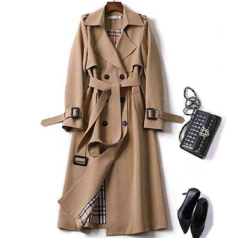 Women's Trench Coats Spring Autumn New Brand Long Designer Trench Coat For Women Lapel Double Breasted Slim Korean Elegant Solid Ladies Outwear 020723H