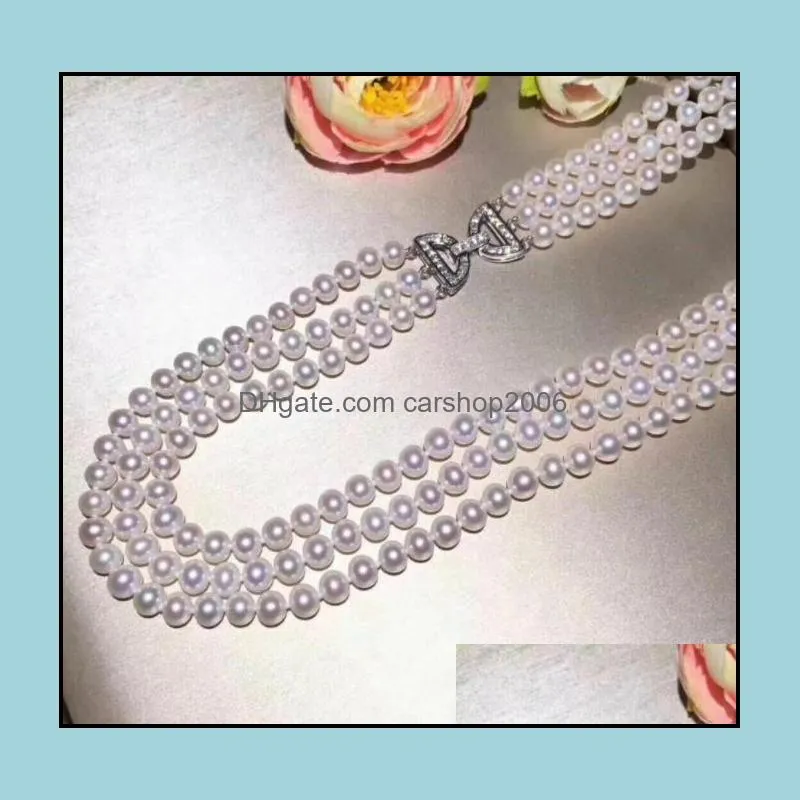 3 Rows 8-9mm White Natural Pearl Beaded Necklace 18-20inch Women`s Gift Bridal Jewelry
