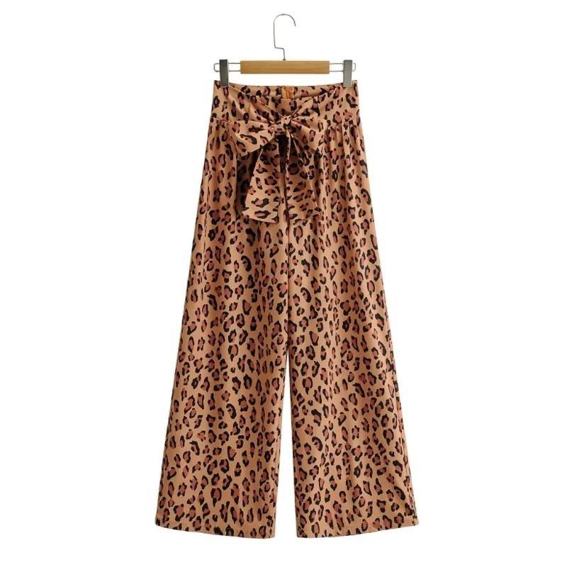 Mujeres Leopard Print Bow Decoración Pantalones de pierna ancha Casual Lady Pantalones sueltos P1970 210430