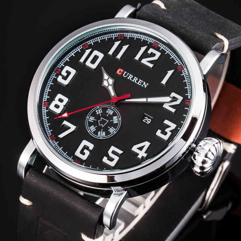Män klockmärke Curren Fashion Big Digital Dial Male Armbandsur Casual Calendar Quartz Läder Clock Montre Homme Reloj Hombe Q0524