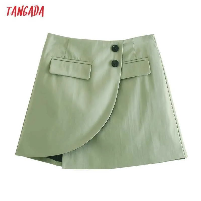 Tangada Women Green Buttons Skirts Faldas Mujer Zipper French Style Female Mini Skirt AB19 210609