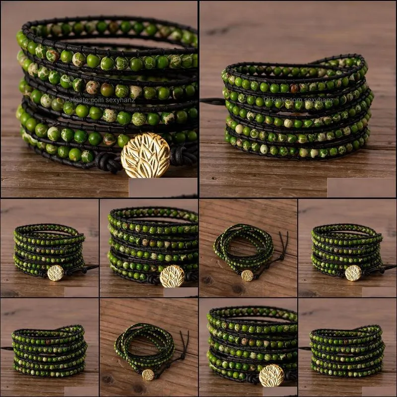 Handmade 5 Rows Leather Wrap Bracelet BOHO Green Imperial Jaspers Beads Art Weaving Vintage Jewelry Gift Drop Tennis