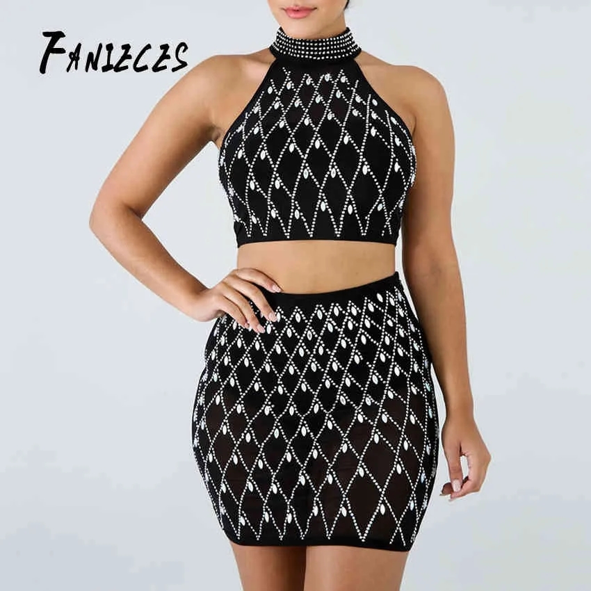 Fanieces Summer Women Diamonds Two Piece Set Klänning Ärmlös Halter Crop Top och Bodycon Mini Skirt Sexiga Night Club Outfits 210520