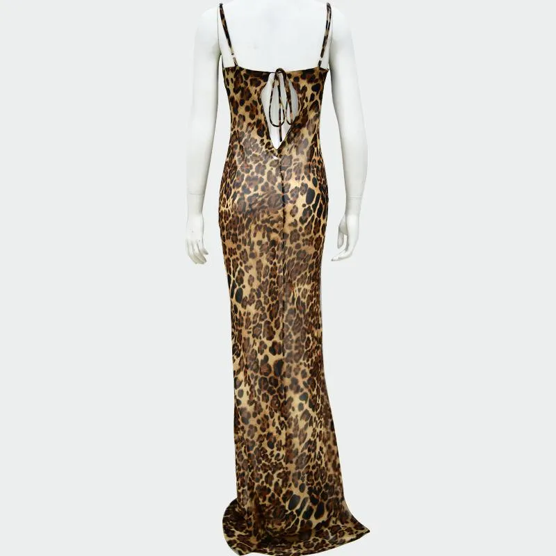 Leopard Print Sheer Mesh Maxi Leopard Print dress with Spaghetti Straps - Perfect for Nightclubs and Casual Outfits