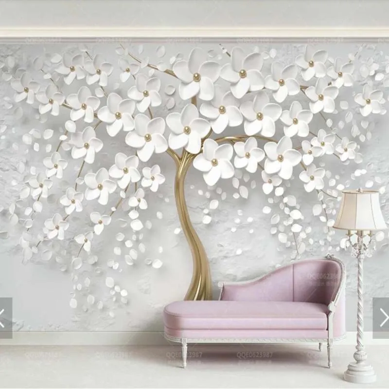 Papéis de Parede 3D Embossed White Flower Papel de parede Murais PO Mural para Quarto Casamento Casa Decoração Modern Floral Papel Rolls