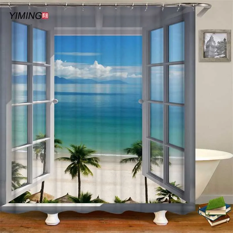 Fenêtre de plage 3D ouvrant le paysage de plage impression rideau de salle de bain polyester rideau de douche baignable à l'eau imperméable et moisissure 211116