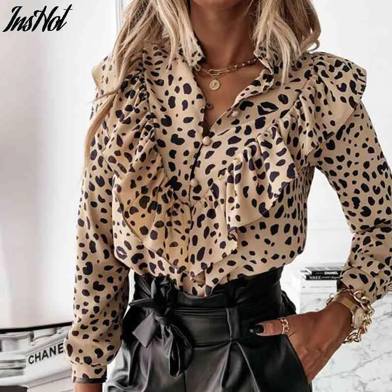 Elegante Polka Dot Ruffle Blouse Shirts Dames Herfst Lange Mouw V-hals Pullover Tops Office Lady Casual Button Plus Size Blusa 210514