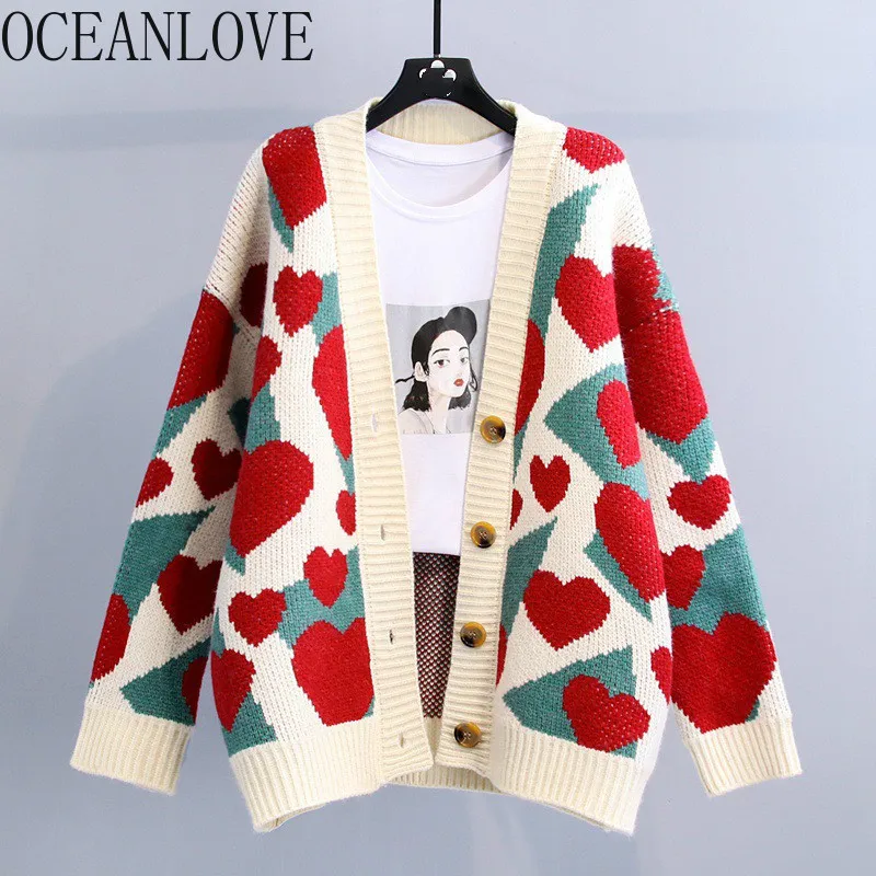 Tryck kärlek kvinnor sweaters höst vinter cardigans v nacke mujer chaqueta lösa söta koreanska toppar 17453 210415