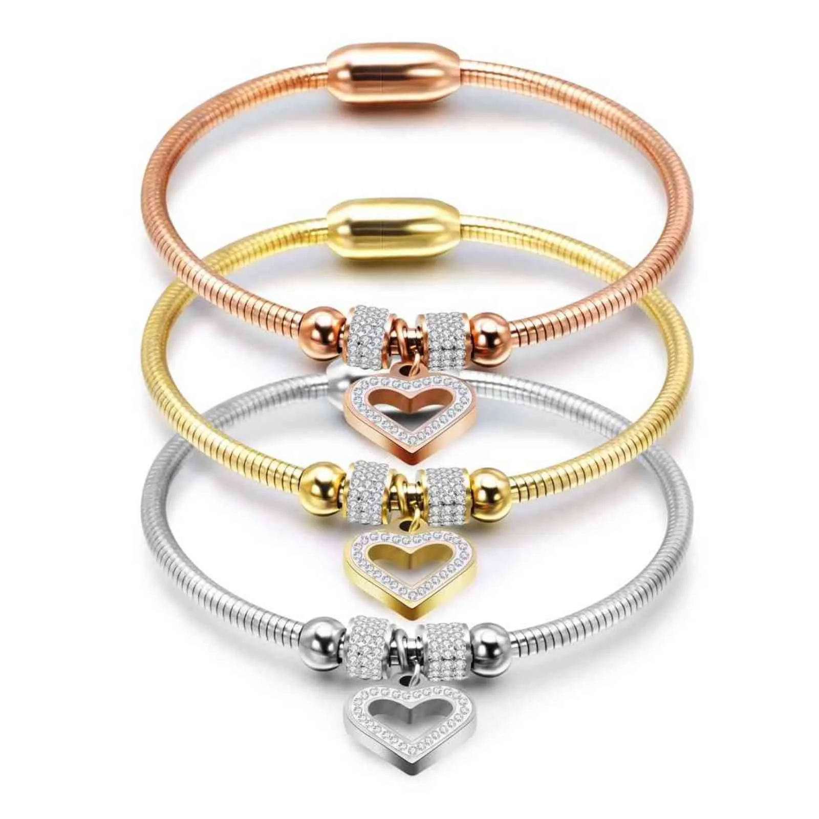 New Style Heart Crystal Charm Bracelet Bangles Magnet Clasp with Snake Chain 316l Stainless Steel Women Wedding Jewelry