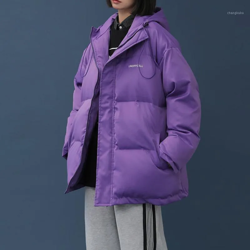 Parkas Femme Veste d'hiver Femmes Violet Solide Coton Rembourré Pain Court Harajuku Collège Style Chaud Streetwear Mode Manteau À Bulles