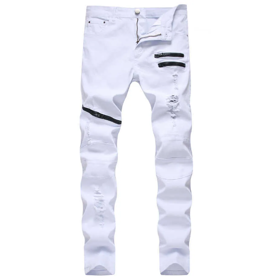 straight hole destruction trousers distressed jeans men denim trousers men jeans fashion designer brand white jean male X0621250j