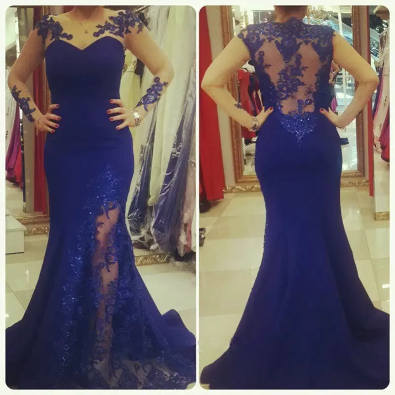 Abiti da sera blu royal paillettes sirene in perline maniche lunghe cristalli sweep treno chiffon sexy ilusiiion back abito da ballo da ballo su misura 403