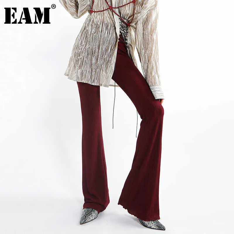 [EAM] taille haute élastique vin rouge mince pantalon à jambes larges nouveau pantalon coupe ample femmes mode marée printemps été 2021 1DD9973 Q0801