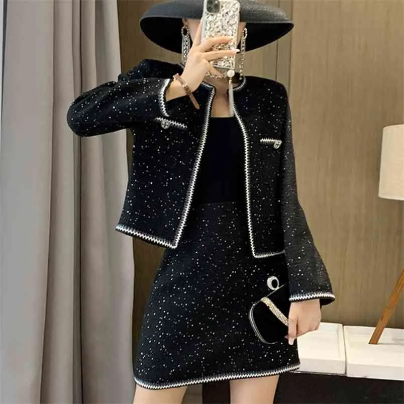 Högkvalitativ Fall Winter Tweed 2 Piece Set Kvinnor Elegant Vintage Woolen Jacka Coat och Mini Skirt Suits Ensemble Femme 210514