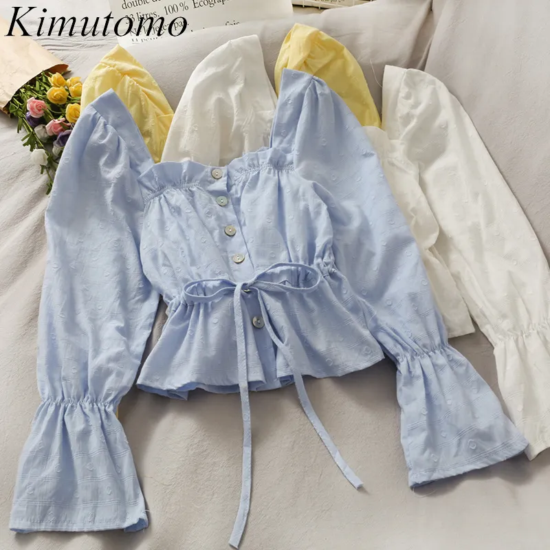 Kimutomo Spring Summer Bow Lace-Up Camisa Mulheres Quadrado Collar Flare Sleeve Drawstring Cintura Slim Cintura Sólida Tops Casual 210521