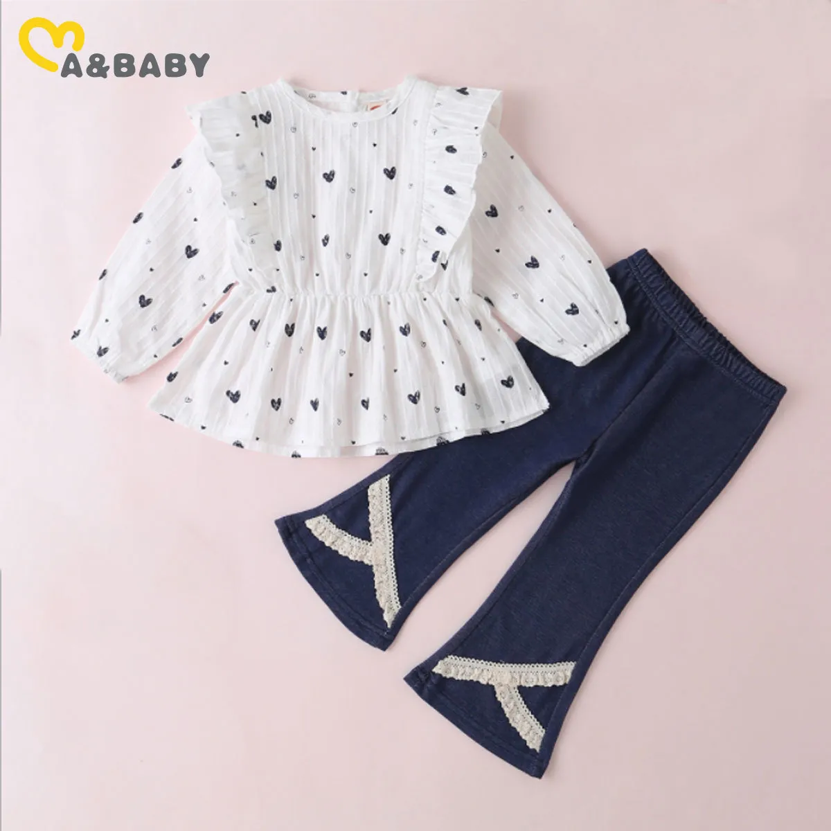 0-3 anni primavera autunno bambino neonato bambino bambina vestiti set cuore volant manica lunga top flare pantaloni jeans abiti 210515