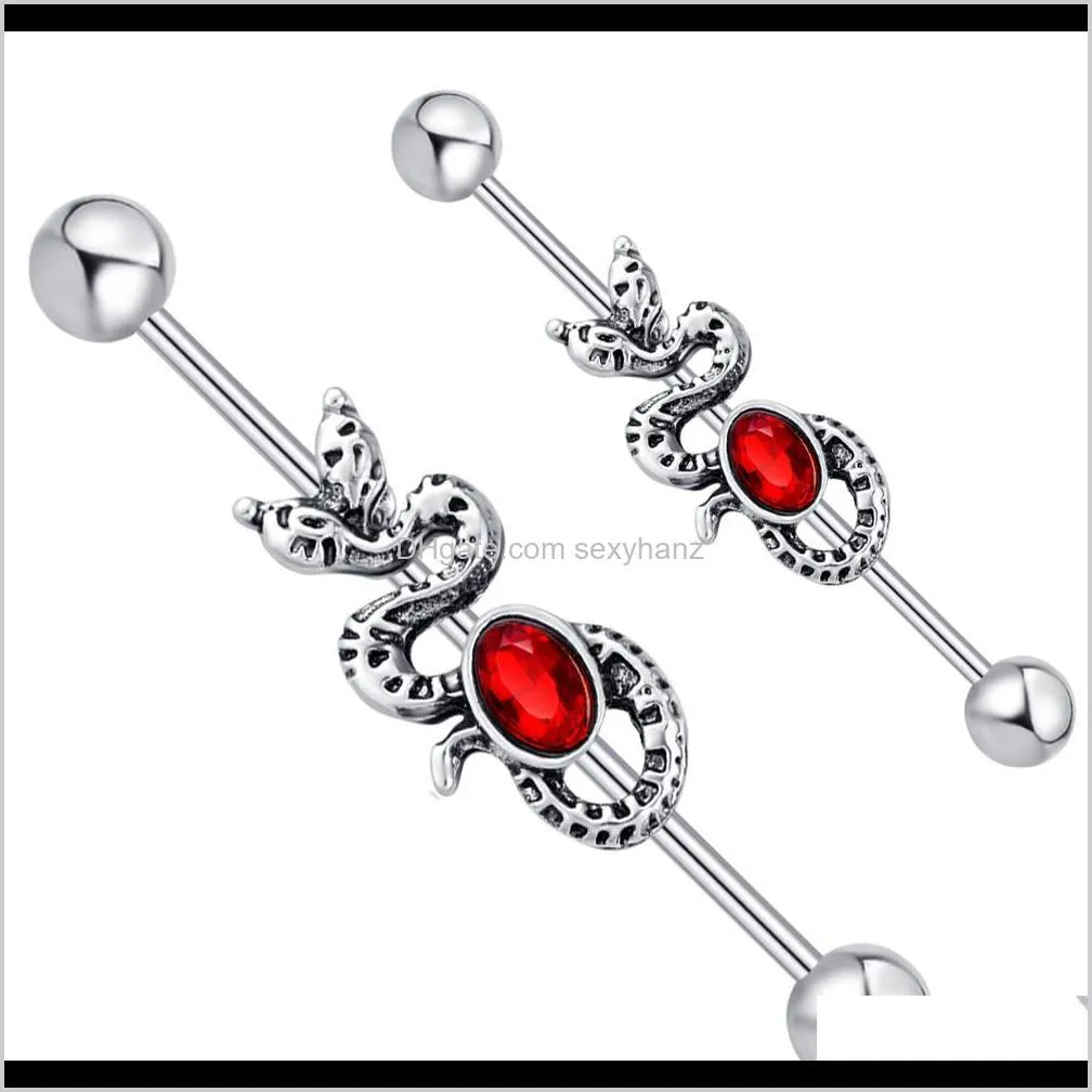 14g stainless steel snake with red cz gem industrial bar piercing barbell earring fashion body jewelry pircing 20pcs