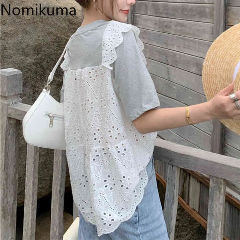 Nomikuma koronki patchwork wyciąć t shirt kobiety o dekolt krótki rękaw dorywczo luźne koszulki koreańskie vintage topy camisetas 210514