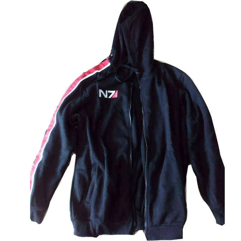 Mass Effect N7 Hoodies Hommes Noir Anime Sweat À Capuche Homme Zip Survêtement À Capuche Casual Hoddies Polaire Veste Femmes Hiver XXXL 211217