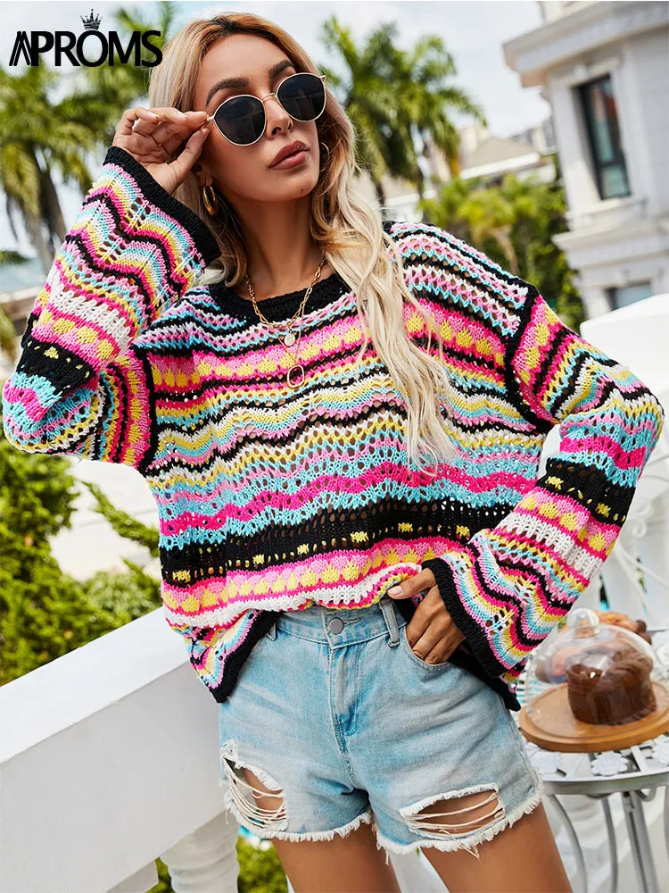 Практики многоцветные заблокированные вязаные пуловер женские летние повседневные вспышки рукава выдолбления свитера крутые девушки мода джемпер 2022 220216
