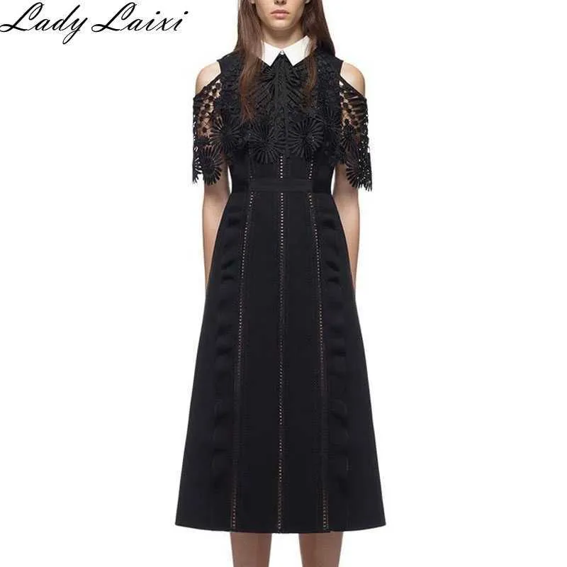 Self Portrait Lace Summer Dress Runway Women's Off Shoulder Hollow Out Cloak Sleeve Patchwork High waist Party Vestidos 210529