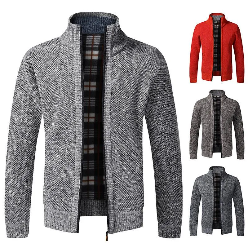 남자 재킷 최고 품질 2021 가을 겨울 재킷 슬림 맞는 스탠드 칼라 지퍼 남자 솔리드 코튼 두꺼운 따뜻한 스웨터