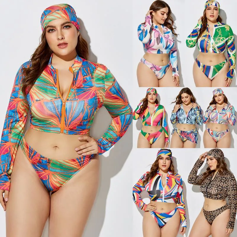 Piece Bikini Set Women Swimwear Long Sleeve Beach Wear Print Swimsuit Bathing Suit Beachwear Plus Size 5XL 8 Color Women's