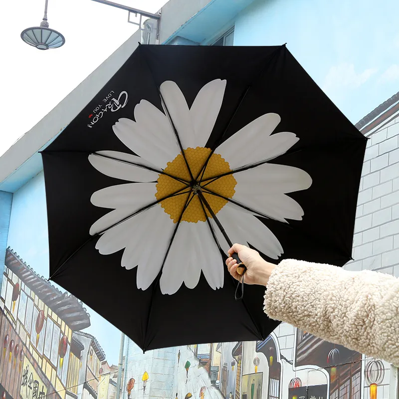 小さな女性の晴れと雨の傘3つの折りたたみ黒のコーティング防止紫外線祭り防風強い