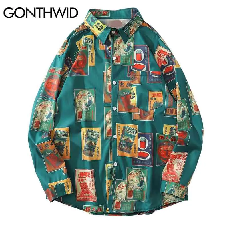 Gonthwid Hawaiian Beach Shirts Harajuku Vintage Affischtryck Långärmad Aloha Party Holiday Shirt Mens Casual Button Down Tops 210626