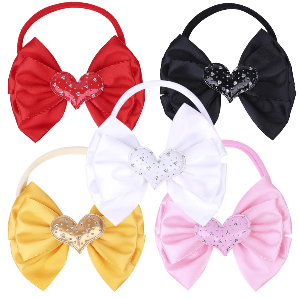 Baby Girls Nylon Headbands Heart Decor Bow Hairband Solid Color Kids Valentine's Day Elastic Children Toddler Three Layer Bowknot WKHA29