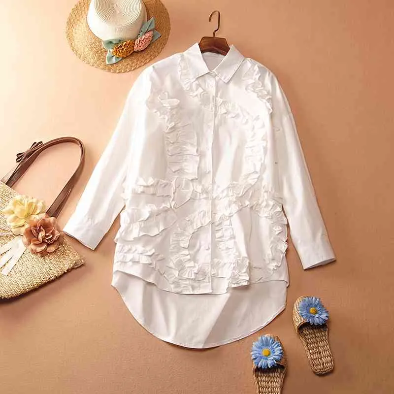 ホワイトシャツの女性のデザイン若い花中長西洋風韓国の緩い長袖春210615