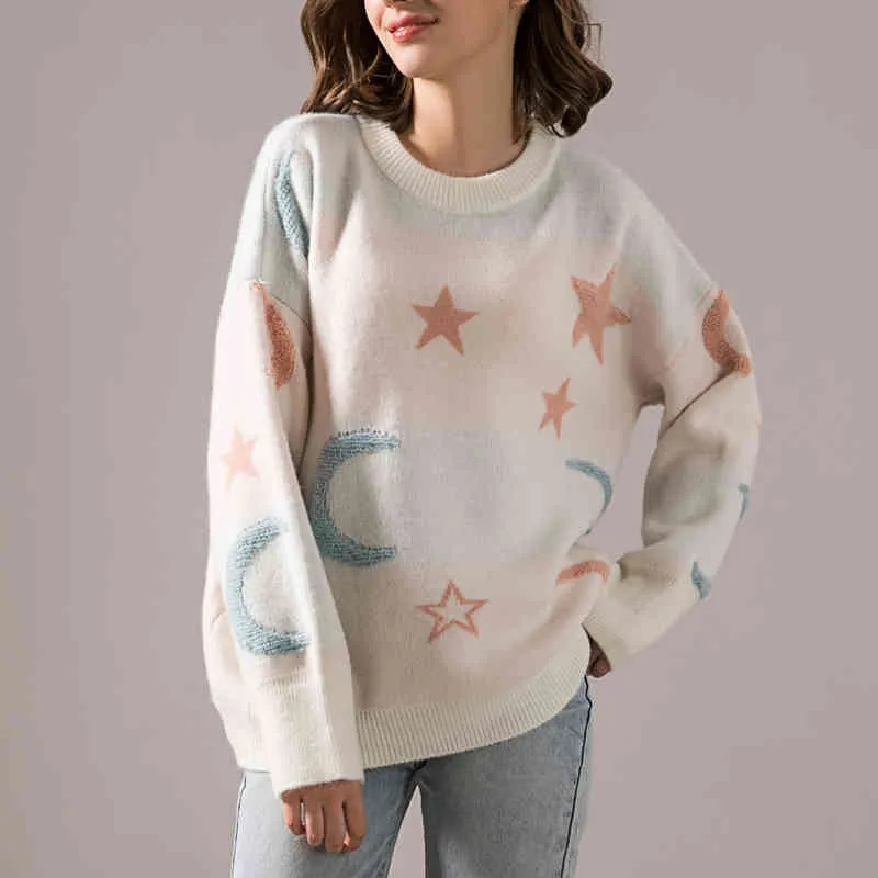 Свитер женский o шея свободные плюс размер звезды геометрические пуловер вязание с длинным рукавом женщин 102i 210420