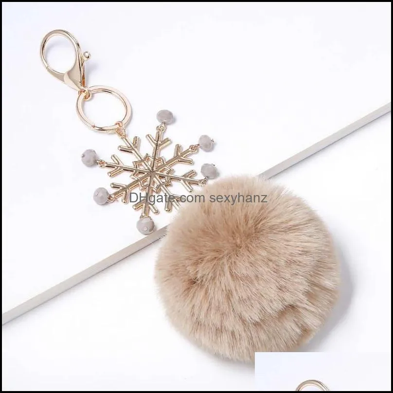 PomPom Christmas Key Chain Women Bag Accessories Decorative Pendant Faux Fur Rings Glass Beaded Snowflake Keychain Keychains