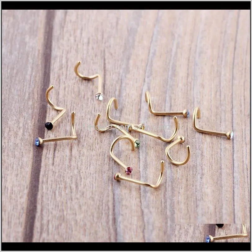 mix colors rhinestone nose studs screw ring bone bar body piercing jewelry gold silver nose pin