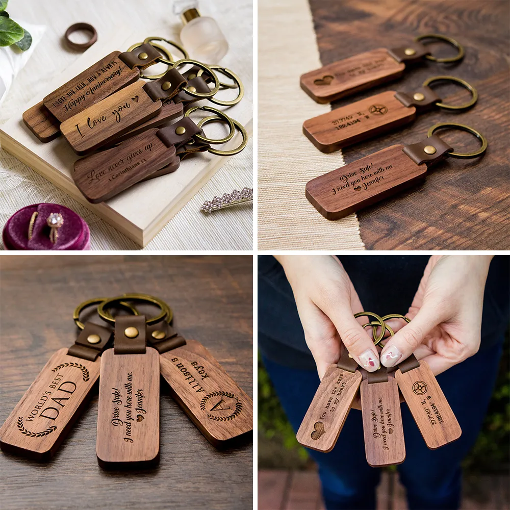 Freeshipping Promotion Souvenir Present Custom Logo Portable Straps Läder Keychain Walnut Maple Blank Wood Laser Gravering Nyckelringar