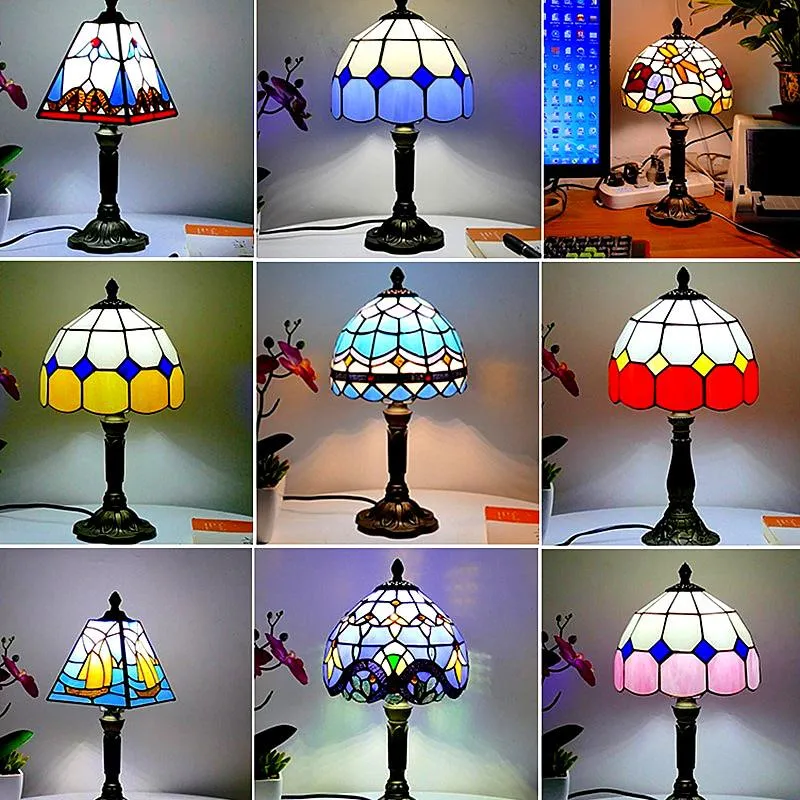 Table Lamps Mediterranean Style Restaurant Bar Cafe LED Vintage Desk Lamp Bedside Colorful Glass Nightstand Light Bedroom