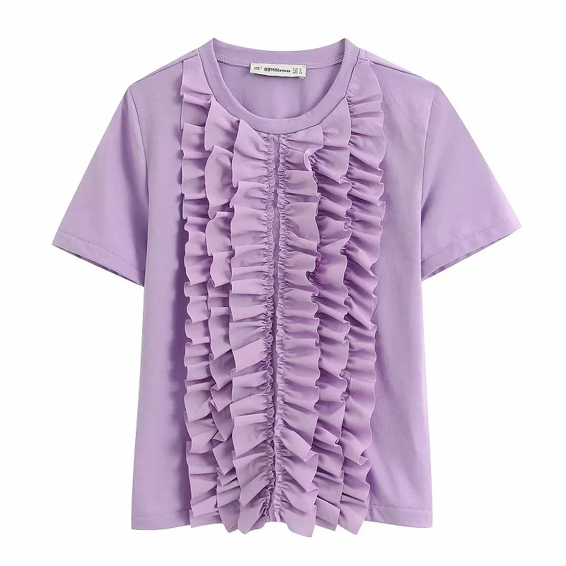 Kvinnor Chic Fashion Purple Ruffled Solid Blusar Vintage O Neck Kortärmad T-shirts Casual Girls Chic Toppar 210520